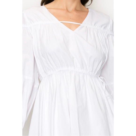 White 100% Cotton Lantern Sleeve Gather Tie Detail Mini Dress - Picture 4 of 5